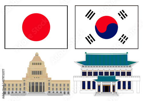 日本と韓国の国旗と国会議事堂と青瓦台