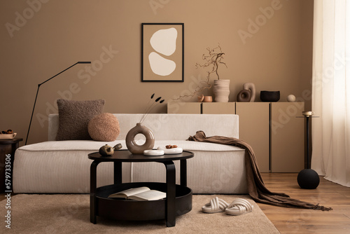 Wallpaper Mural Interior design of cozy living room interior with mock up poster frame, modular sofa, round coffee table, vase with dried flowers, brown plaid, lamp and personal accessories. Home decor. Template. Torontodigital.ca