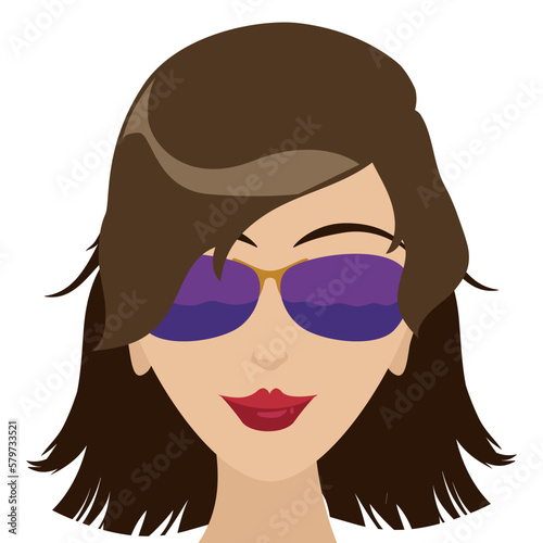 Frontal portrait of brunette woman with red lips and sunglasses, Vector illustration
