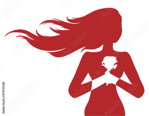 Red silhouette of woman with long hair holding a rose, Vector illustration