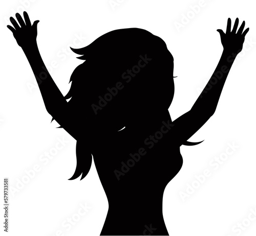 Black silhouette of tousled woman with raised hands, Vector illustration