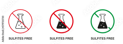 Product with No Sulfates Silhouette and Line Icon Set. Sulfites Free Stop Sign. No Sulphites Label. Natural Ingredients, Ban Sulfite Logo on White Background. Isolated Vector Illustration