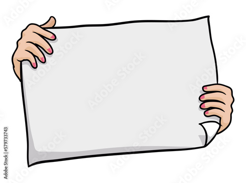 Blank paper tilted, held by two hands over white background, Vector illustration