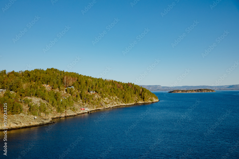 Obraz premium Norwegian fjord with trees and small houses. North Sea in Norway.
