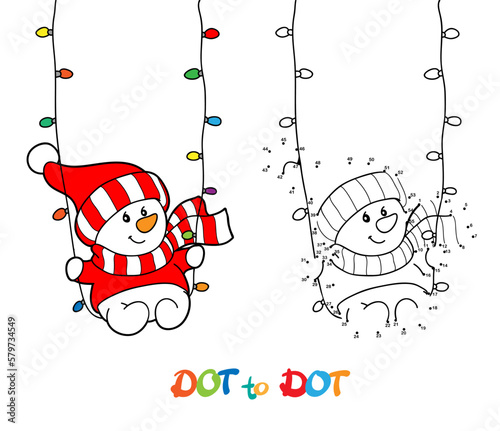 Connect The Dots and Draw Cute Cartoon snowman. Educational Game for Kids. Vector Illustration.