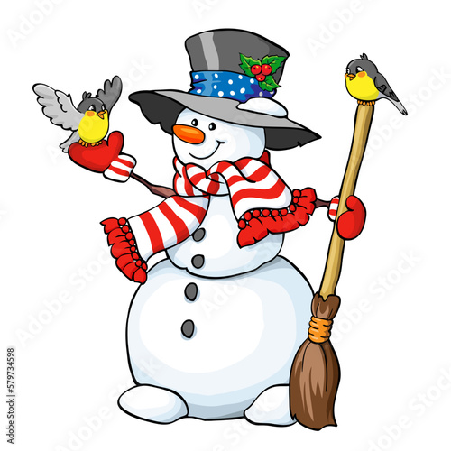 Vector card concept - Cute snowman with broom and two birds.