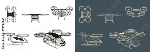 Vector Quadrocopter or drone line blueprint wireframe