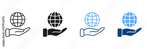 Global Learning, Distance Education, Online Courses Symbol. International Education Silhouette and Line Icon Set. Hand Holds Earth Color Sign Collection. Isolated Vector Illustration