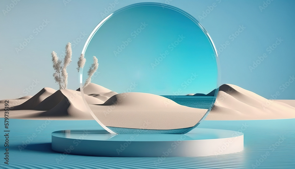 Luxurious glass round podium on a platform on the surface of the water against the backdrop of a sandy beach. Generative AI