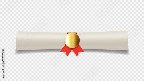 Diploma or graduation scroll with red ribbon. Vector illustration of graduation degree scroll with golden medal isolated on checkered background. Realistic element for decoration poster, banner.