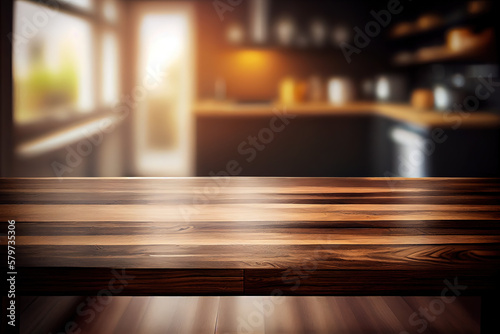 Empty Wood table with blur background. Modern home room interior. AI generated
