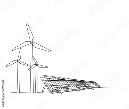 Continuous one line drawing of wind turbines eco energy. simple wind turbines and solar panel outline vector illustration.