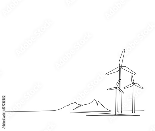 Continuous one line drawing of wind turbines eco energy. simple wind turbines outline vector illustration.