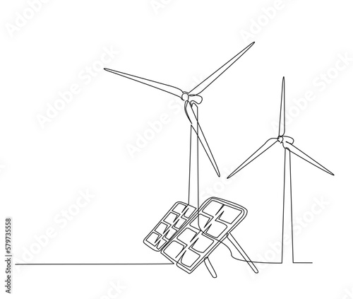Continuous one line drawing of wind turbines eco energy. simple wind turbines and solar panel outline vector illustration.