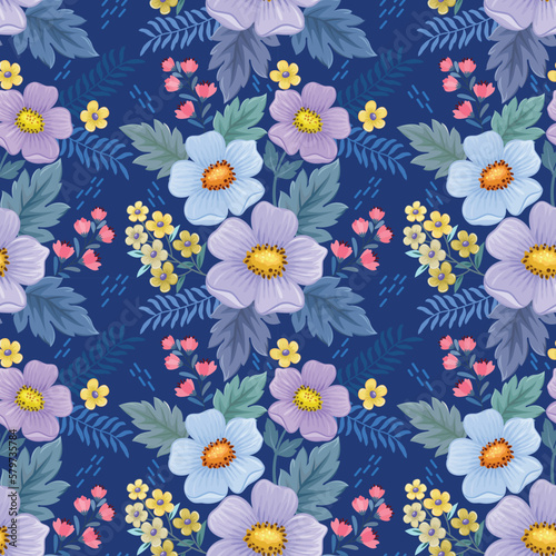 Beautiful blooming flowers on blue color background seamless pattern. Can be used for fabric textile wallpaper.