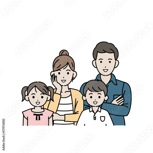 親子4人家族、笑顔のイラスト