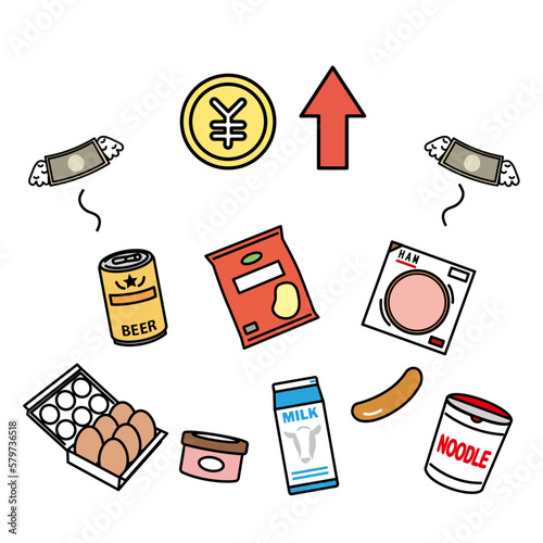 値上がりする様々な食品のイラスト　値上げラッシュ