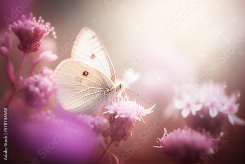purple romantic floral card with a white butterfly on flower.Generative AI © Slava