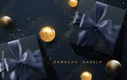 Ramadan Kareem holiday design. Black gift boxes with bows and ribbons with golden glittering balls on black background. Vector 3d illustration of islamic religious event