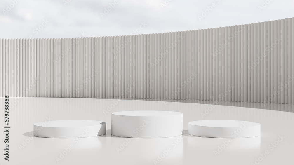 Realistic 3D white cylinder stand podium with white and blue sky background. Abstract studio room with geometric platform design. Minimal wall scene for products showcase, Promotion display.