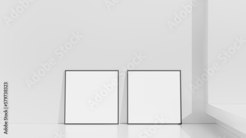 Frame mockup on white wall. Poster mockup. Clean  modern  minimal frame. Empty frame Indoor interior  show text or product