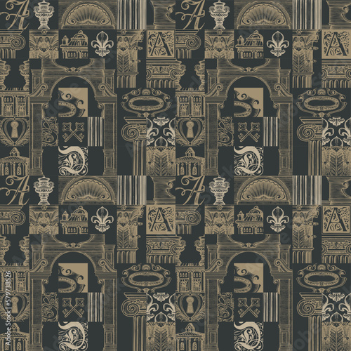 Abstract seamless pattern on theme of medieval architecture and art. Vector background with colored hand-drawn architectural fragments in vintage style. Wallpaper, wrapping paper or fabric design