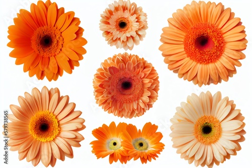 Assorted Orange Gerbera Daisy Flower Heads Isolated On White Background. Generative AI © Pixel Matrix