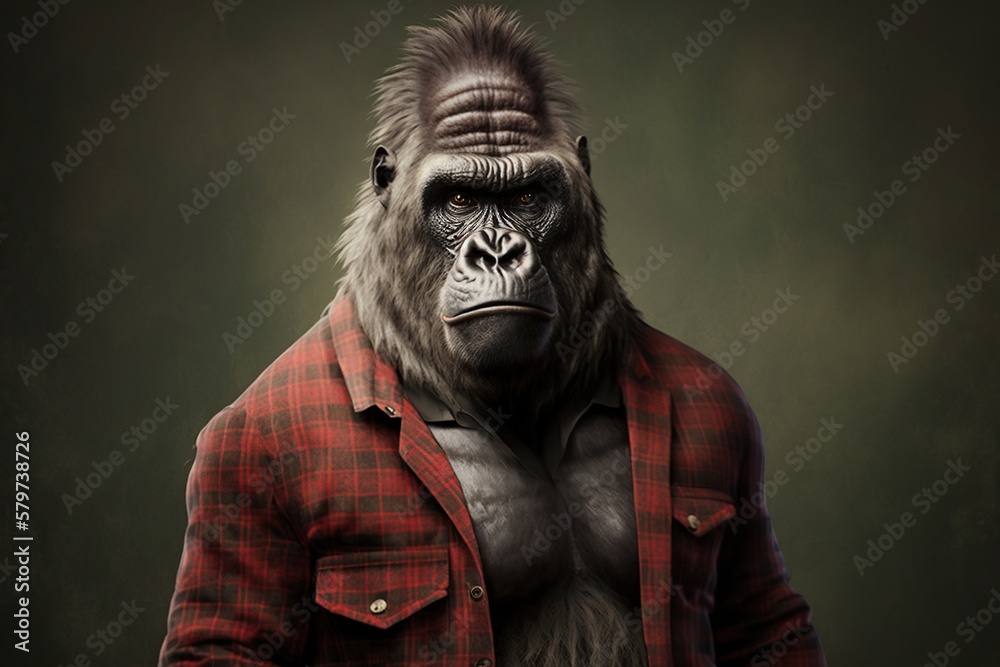 Portrait of a gorilla dressed in a lumberjack suit, generative ai	
