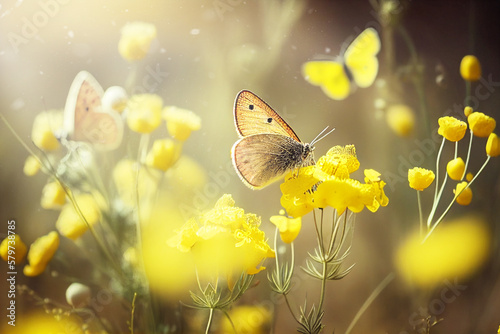 Cheerful spring summer shot of yellow Santolina flowers and butterflies. Generative AI