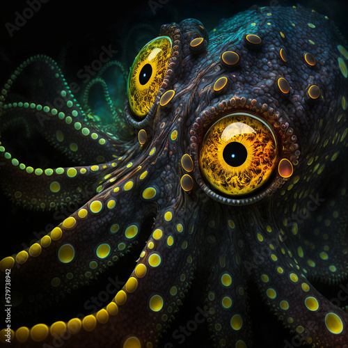 Black skin octopus with glowing yellow eyes bonding with human