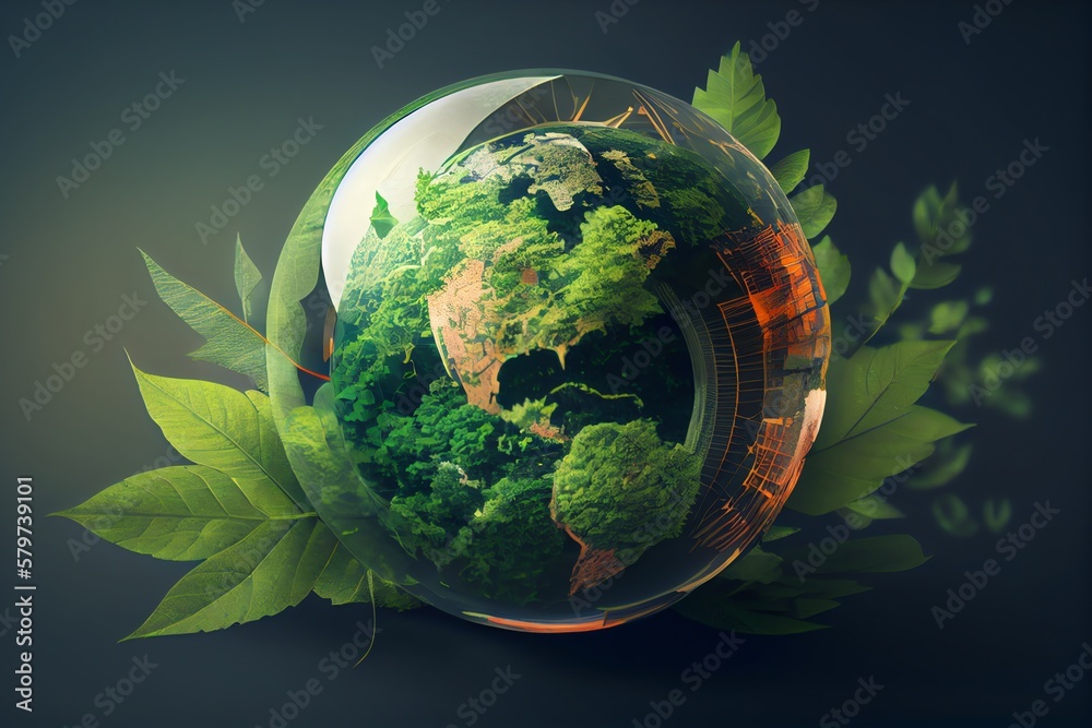 Concept ESG. Technology And Nature. Resources That Are Sustainable, Renewable, And Green. Care For The Environment And Ecology. Encircling A Globe And A Green Leaf. Generative AI