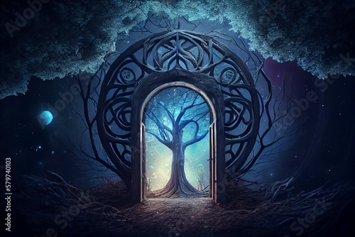 Sacred Fantasy Tree Of Life With Afterlife Portal Gate Leading To Divine Mystery . Home Shrine Of Ancient Astral Soul In Deep Dark Chakra Forest At Beautiful Night . Admirable Image. Generative AI photo