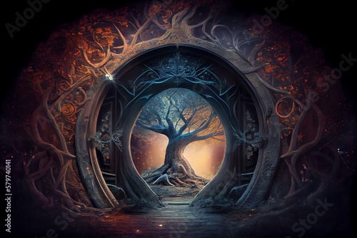 Sacred Fantasy Tree Of Life With Afterlife Portal Gate Leading To Divine Mystery . Home Shrine Of Ancient Astral Soul In Deep Dark Chakra Forest At Beautiful Night . Admirable Image. Generative AI