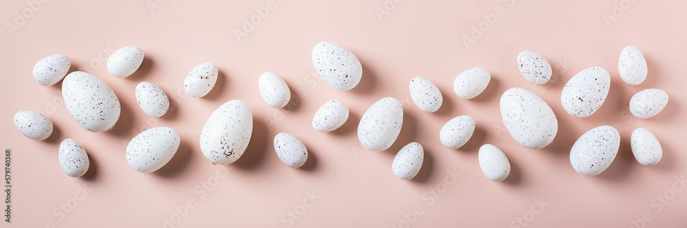 Happy Easter greeting card with eggs on pink background, banner Happy Easter greeting card with eggs on pink background, banner