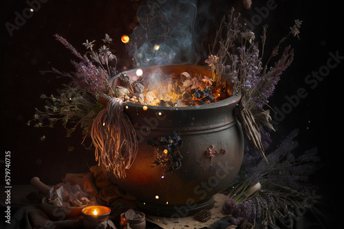 Green witch floral cauldron, witchcraft magic wallpaper AI Generated
