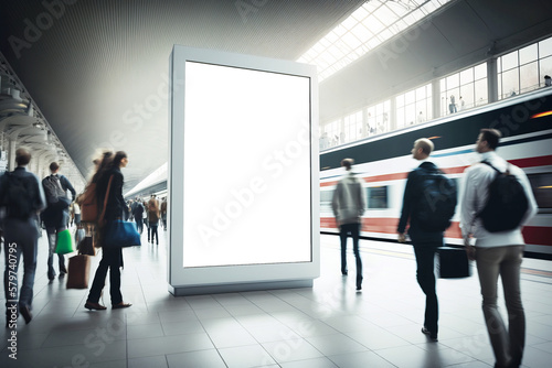 An empty blank billboard or advertising poster in a train station with blurred people. Generative ai