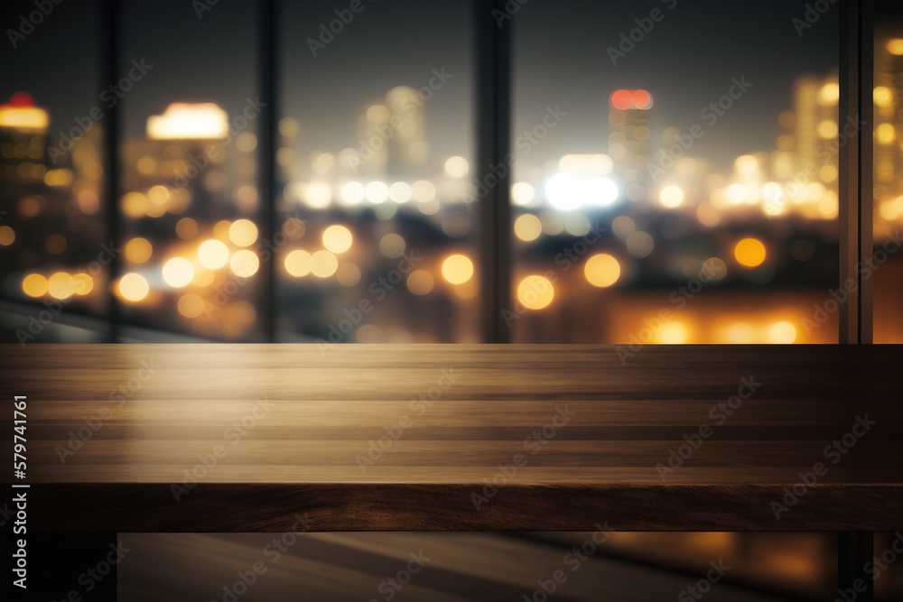 Wood table top on blur glass window wall building background. Created with Generative AI Technology