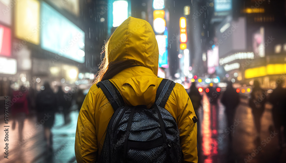 woman traveller yellow jacket backpack standing against night life city downtown time square Newyork , Generative AI woman traveller yellow jacket backpack standing against night life city downtown time square Newyork , Generative AI