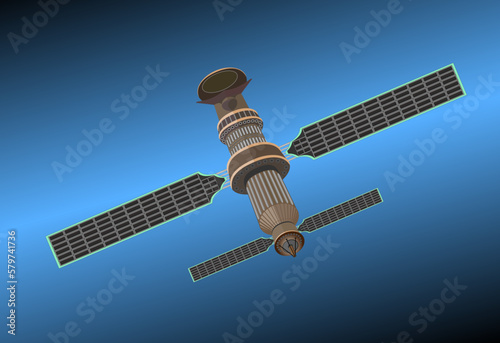 Orbital space station in space. Satellite for tracking and transmitting information. On solar batteries.