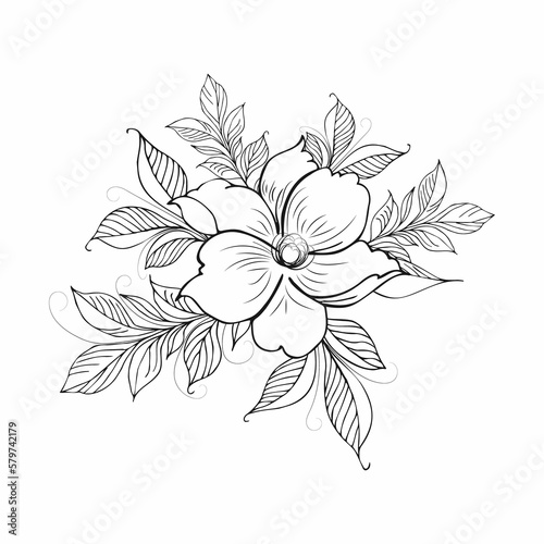 Floral composition, floral background with tender flowers and branches of buds. Hand drawing. For stylized decor, invitations, postcards, posters, cards, backgrounds, as clipart or coloring page.