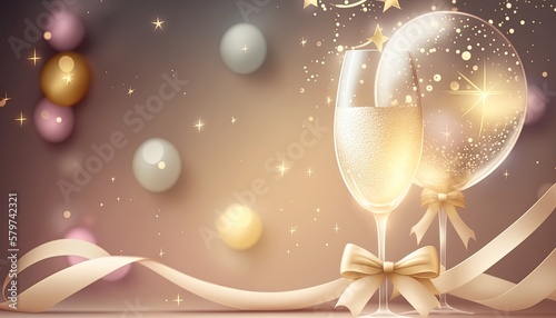 Happy New Year celebration with decorations and white wine glass.