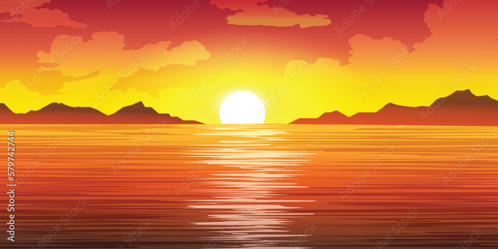 Beautiful sunset in the sea. Summer beautiful panoramic landscape background. Vector illustration