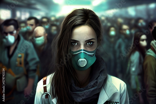 Portrait of a woman in a respirator against the background of the crowd. AI generated.