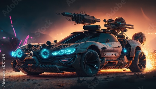 Futuristic modern car wallpaper equipped with machine guns and missile launchers. Created with generative Ai technology © ImageMind