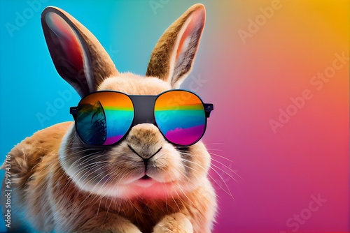 Cool bunny with sunglasses on colorful background. Generative AI illustration