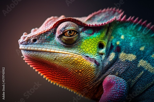 Chameleon with bright exotic coloration  close up portrait