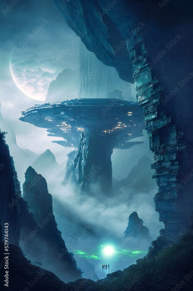 Futuristic or ancient structures on an alien planet. Advanced alien