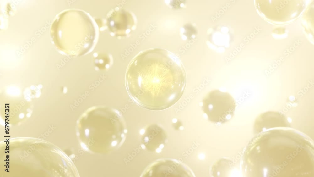 3D animation Cosmetics many atoms floating in the water. Particles inside a liquid bubble, cosmetic essence, and a liquid bubble on a background of water.