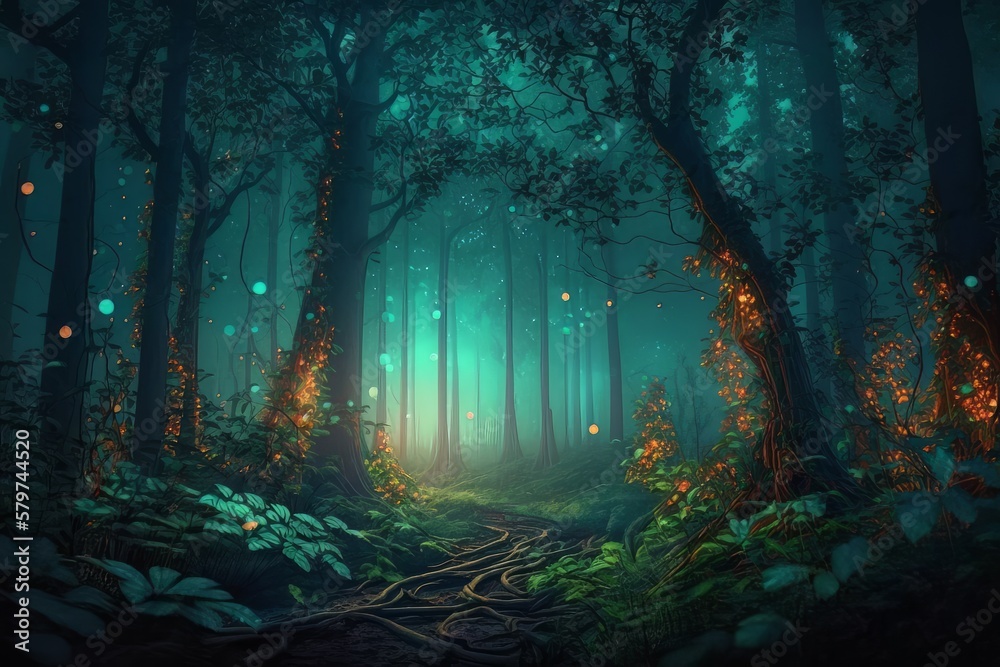 Beautiful Magical Forest in Fairy Tale Scenery at night. Generative AI