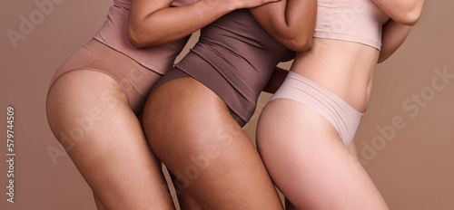 Legs, skincare and diversity of body positive women, natural beauty and wellness on studio. Group, models and thighs together in underwear for laser cosmetics, healthy glow or aesthetics of self care photo